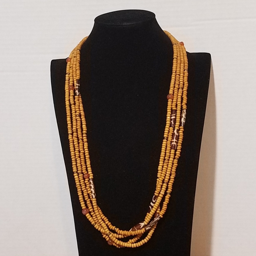 Natural Tribal Mixed Wood Stone and Metal Beads Necklace